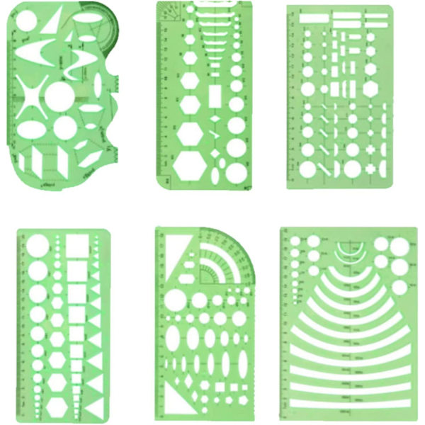 6 kappaletta geometrisiä piirustusmalleja Vihreät geometriset mallit Viivain Geometrinen muoto Muovimallit ympyröillä Ympyrä- ja soikio malli toimistoon