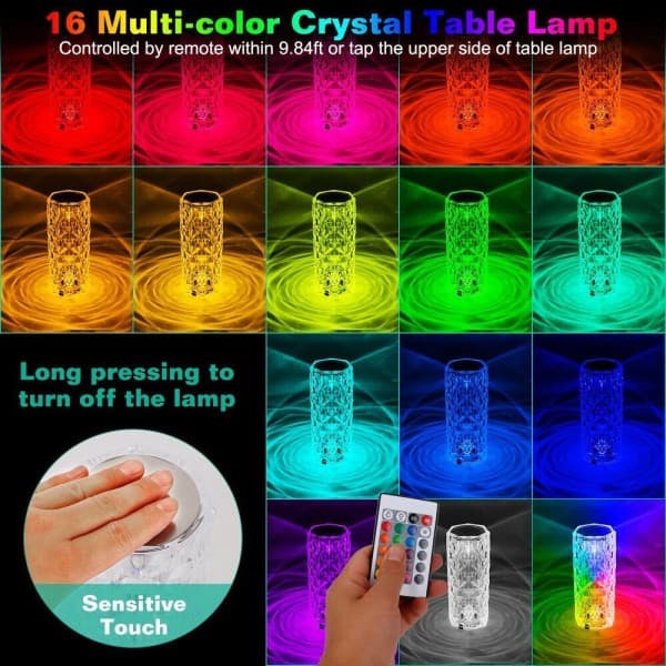 Crystal Diamond Bordlampe, 16 farger USB-lading Touch Lampe