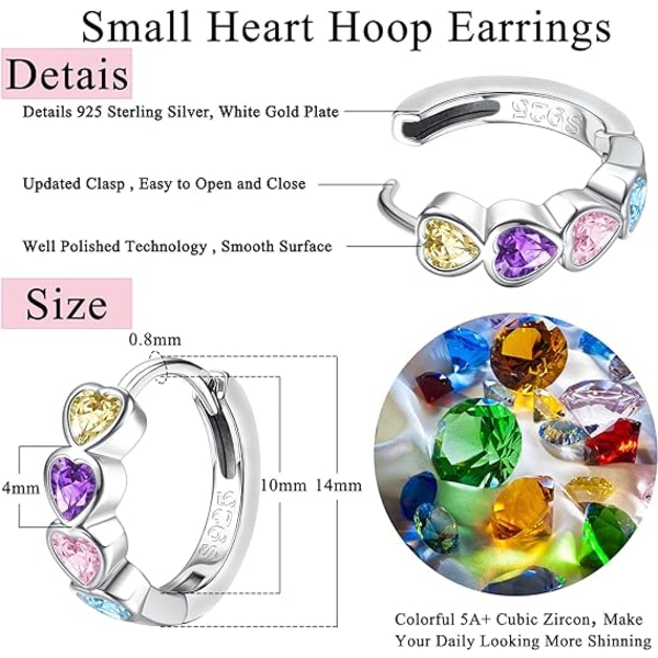 Små 925 Sterling Silver Hoop örhängen för kvinnor Barn Flickor Färg Cubic Zirconia Star Heart