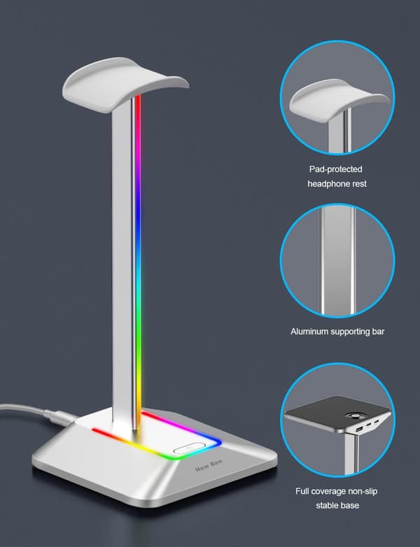 Hodetelefonstativ RGB-hodesettholder med 2 USB