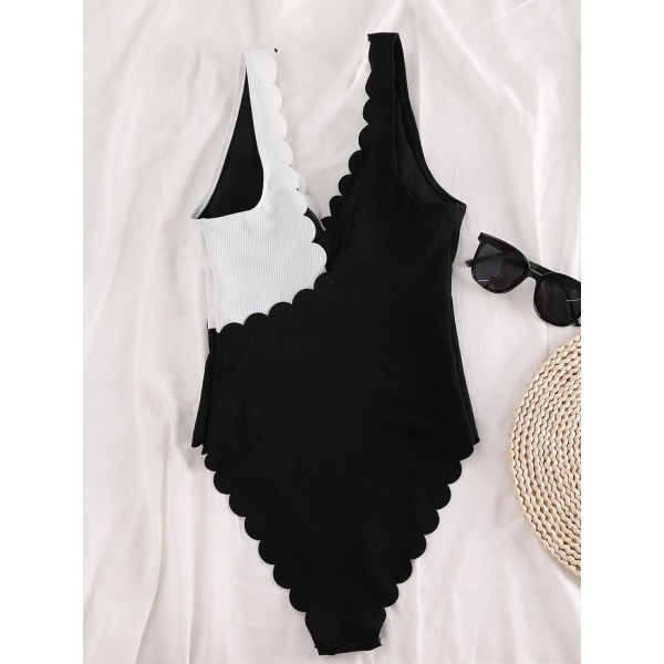 Kvinders buet dyb V-hals One Piece Badedragt Colorblock