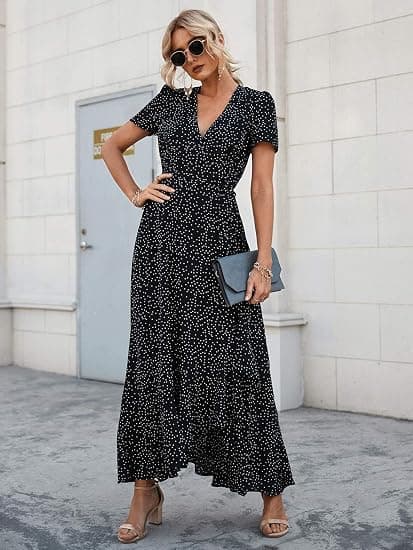Sommar Maxiklänning för Kvinnor, Casual Boho Blommig V-ringad Kort Ärm