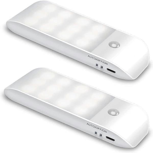 Smarte 12-LED bevegelsessensor skaplys, kjølig hvit, USB oppladbar, 2-pakning