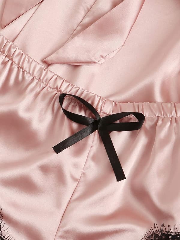 Damer 4 delar Satin Blommor Spets Cami Top Underkläder Pyjamas Set med Robe