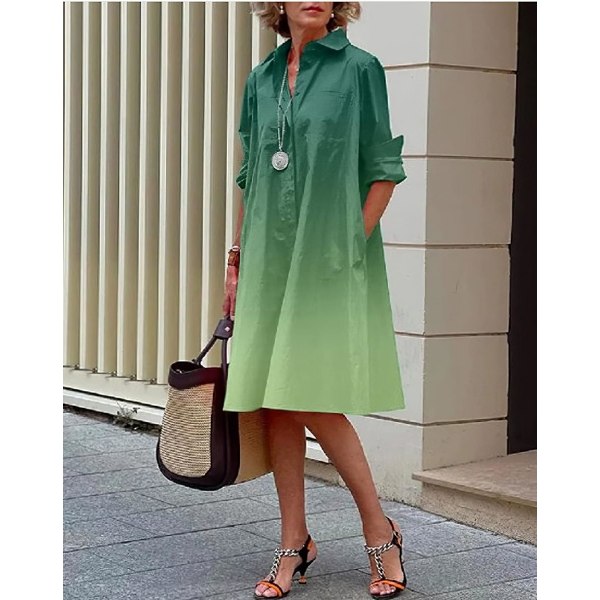Langærmet linned til damer med enkelt printet Button Down Shirt Kjole Plus Size Løs