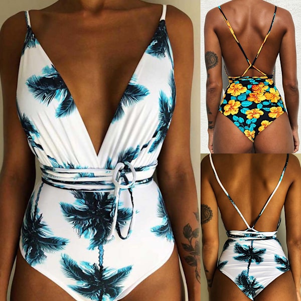 Kvinder V-hals Udskåret Bikini Multi-Way Bandage Monokini Boho Blomster Badedragt 1 L