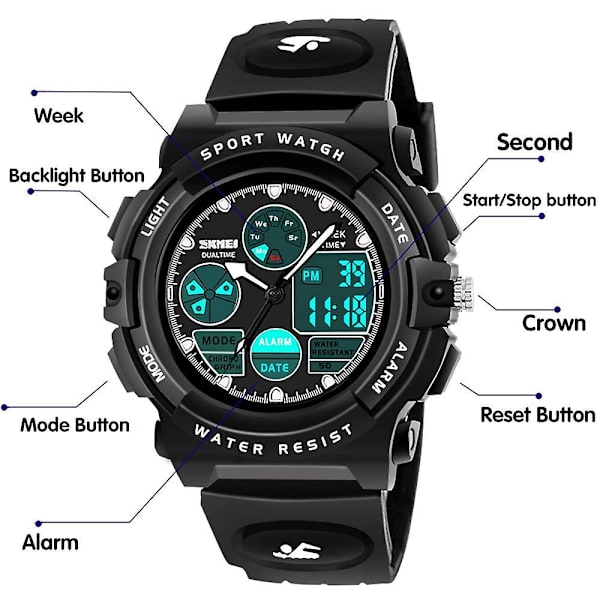 Sport barnklocka, multifunktion vattentät digital watch för 6-15 år gamla pojkar flickor