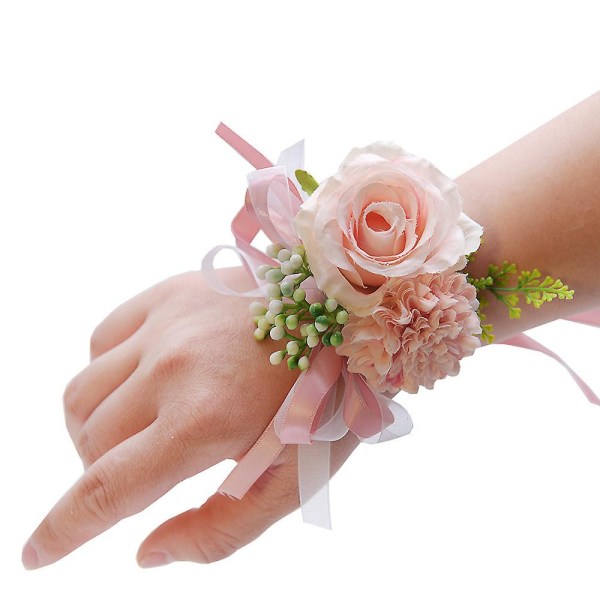 Rose Flower Wrist Boutonniere Set Handgjorda konstgjorda Set Brud Hand Blomma Män Boutonniere För Bröllopsfest Baldekorationer (rosa)