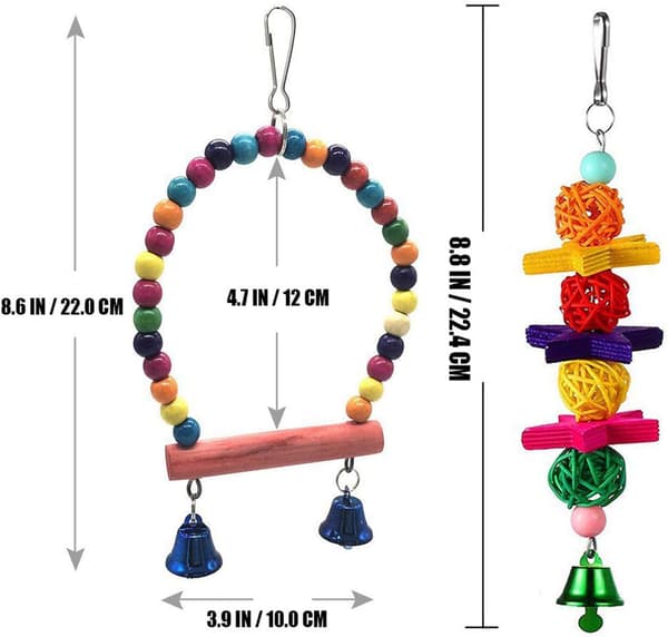 Lintulelut, 5 kpl puruleluja, keinuteline puisilla helmillä ja kellolla