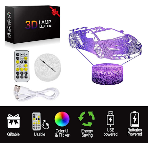 Bil 3D Night Light Bilar för pojkar Barn 3D Lamp Lights Xmas Gi