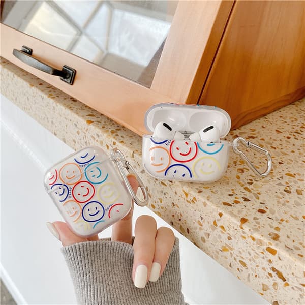 Sød Transparent Airpod 2/1 Etui med nøglering, Cartoon Smiley P