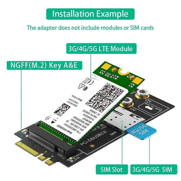 M.2 Key B - A+E-adapteri NANO SIM -korttipaikalla 3G/4G/5G-moduulille