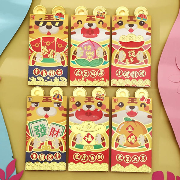 Kinesiska röda kuvert Hongbao 6 st Lucky Money Kuvert, Röd Pocket Tecknad Tiger Mönster Fickkuvert för nyår Bröllop A Large