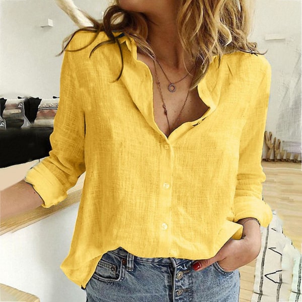 Dame linnedskjorter Casual Ensfarvet Knapreversbluse Yellow L