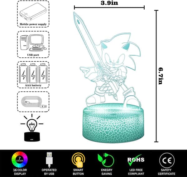 3D Sonic The Hedgehog Anime Illusion Lamp,Remote Touch 16 Co