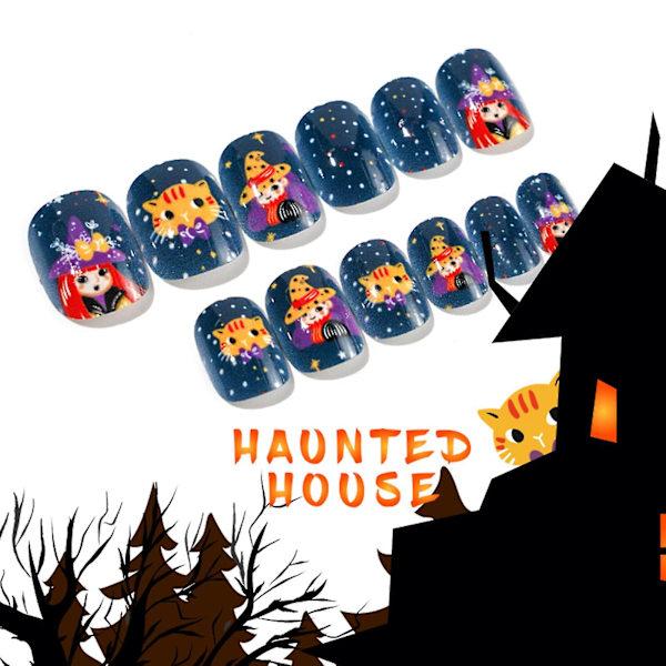 4st/ set Halloween-stil Nagelspets Barnspets Bärbar Färgglad Barn Cover Tryck på självhäftande lösnaglar för present 2