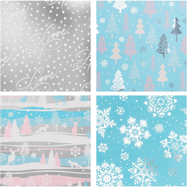 Julklappspapper - himmelsblå renar, snöflinga, silverprick