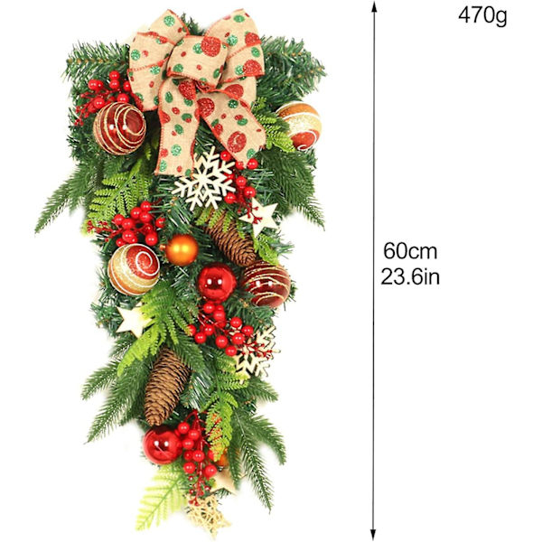 Juldekoration Vägghängande upp och ner Trädhänge Teardrop julkrans med rosett Grön furu - Hängande juldekoration för ytterdörr,