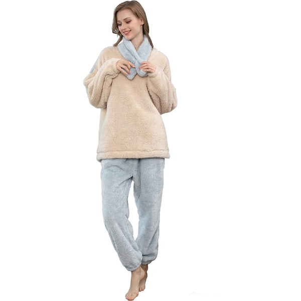 Pyjamas för kvinnor Set med 2 Pyjamas Långa toppar Byxor Fleece Casual Set Bekväm varm Coral Fleece Pyjamas Fleece Vinter Pyjamas, M, Vit Blå
