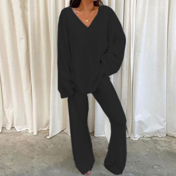 Tvådelad klädsel med bred ben för damer Polar Fleece V-hals Lounge et Black S