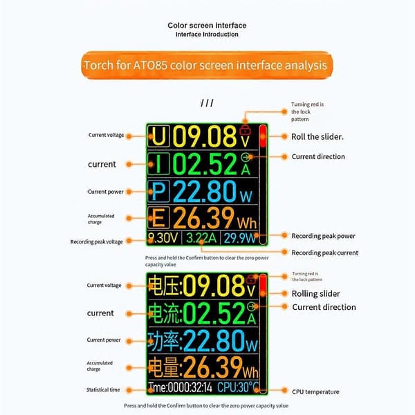 ATORCH Type-C -ilmaisin PD3.1 jännitevirta-testeri reaaliaikainen jännite- ja virtakäyrä HD-värinäyttöilmaisin B