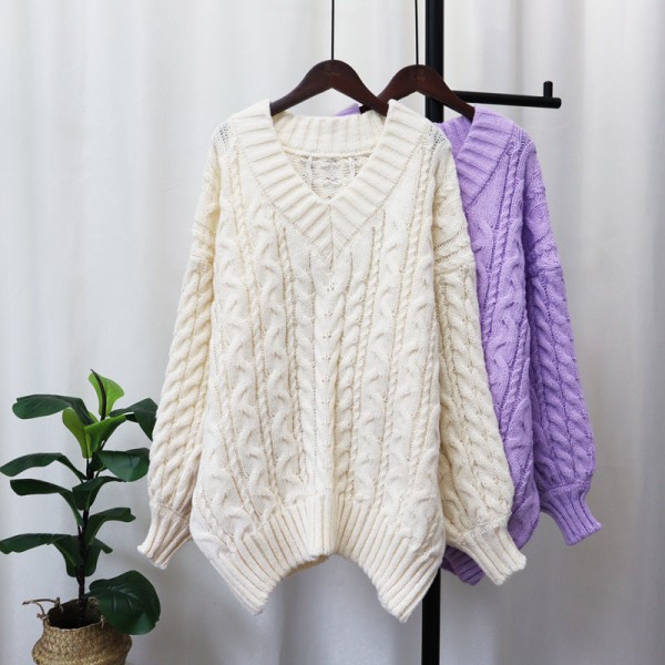 Damstickad Höst Vinter Tröja Förtjockad V-ringad Twist Pullover Lös Mjuk Topp Khaki Average size