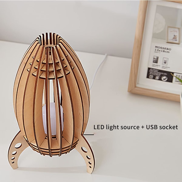 Rymdraket nattlampa, LED rymdraket sänglampa i trä, ca