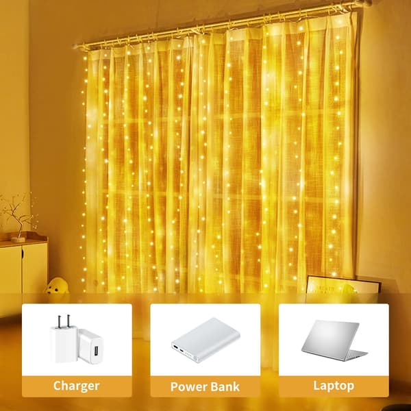 300 LED Lysgardin - Varmhvit, 3m*3m, 8 Dimbare Lysmoduser