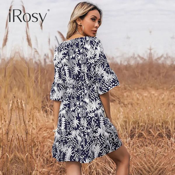 Dame Print V-hals Kort Udsvinget Ærme Elastisk Taljekjole Casual Elegante Sommerkjoler Outfits navyblue L