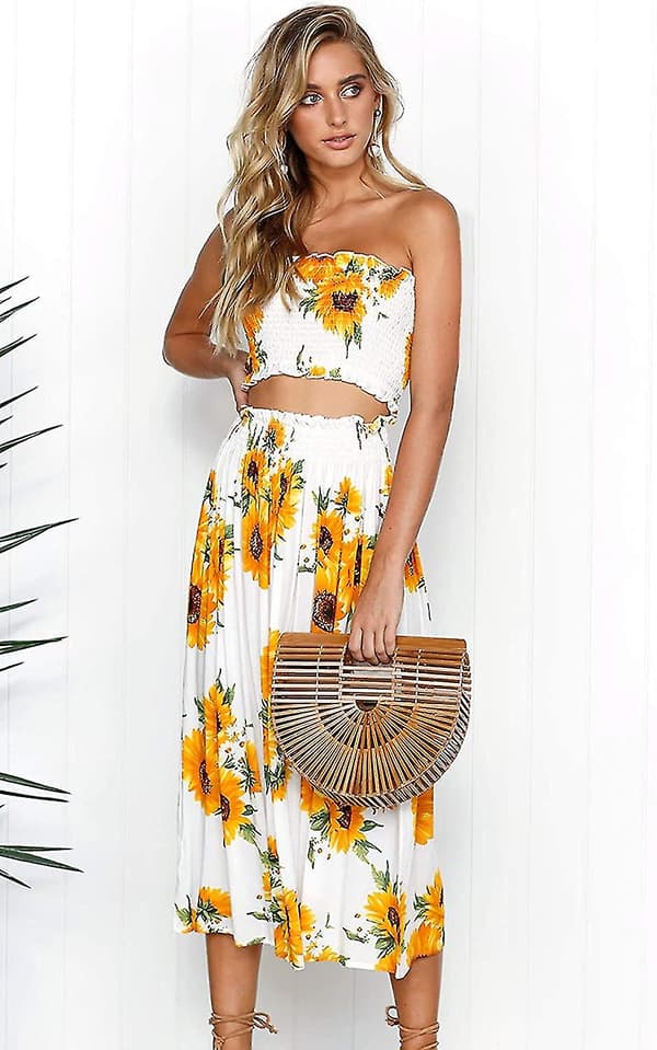 Blomstrete bluse for kvinner, Maxiskjørt kostymekjole Sunflower X-Large