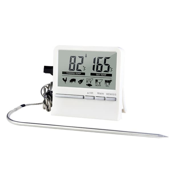 1 stk. digitalt køkkentermometer med probe, stort LCD-display, timer og forudindstillede temperaturtermometre til bagning, grill og kød
