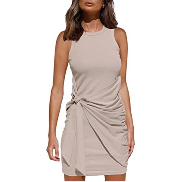 2023 Dame sommer Casual Ermeløs Strandtankkjole Bodycon Rynket Minikjoler Apricot L