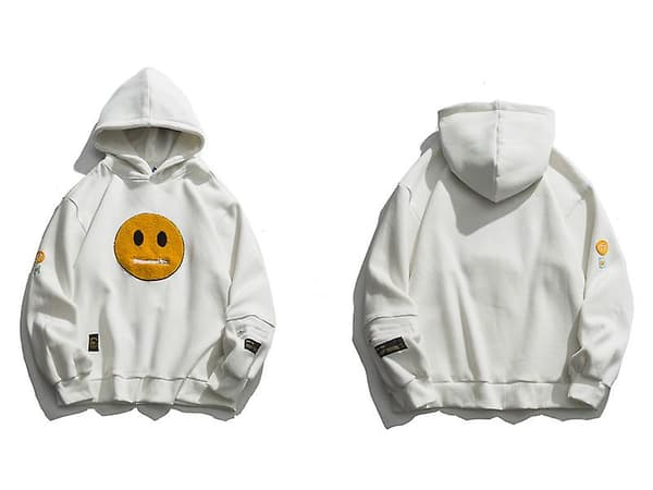 Smiley Patch uvtröja Herr Hip Hop Athleisure Pullover Jacka Herrtopp med dragkedjefickor på sidan L White