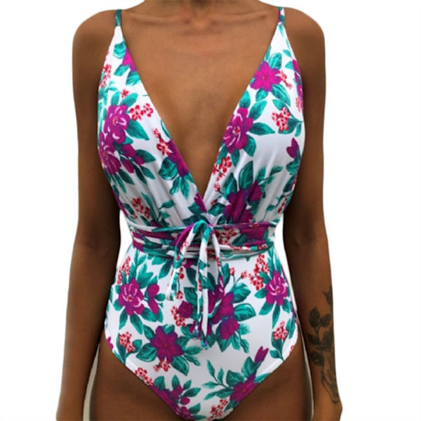 Kvinder V-hals Udskåret Bikini Multi-Way Bandage Monokini Boho Blomster Badedragt 3 L