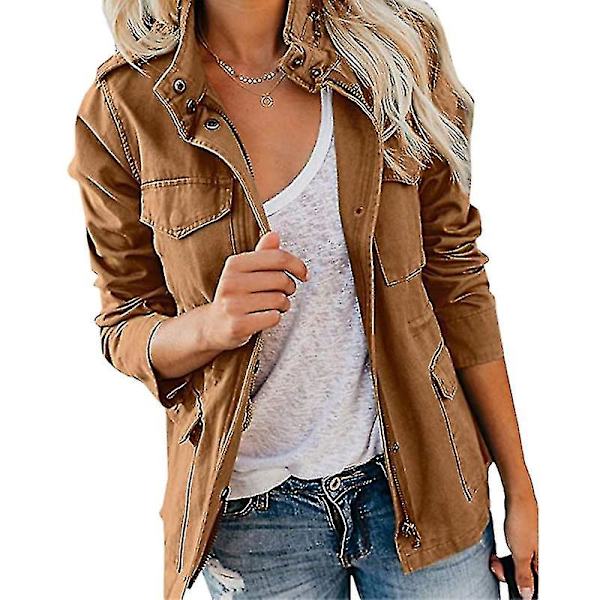 Damjacka med tryckknappar Streetwear Höstrock ångärmad Utility Jackor Brown L