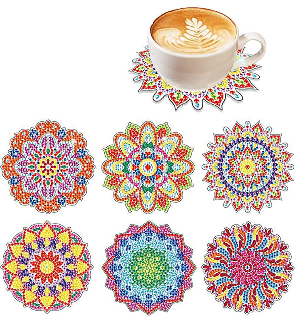 Förpackning med 6 Mandala Blomster Diamantmålade Glasunderlägg