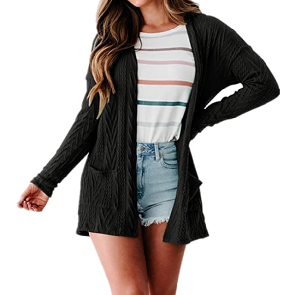 Damegenser i ensfarget cardigan med åpen frontkappe Black L
