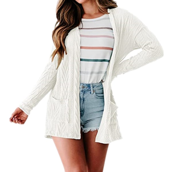 Dame Cardigan i ensfarvet med åben front White 3XL