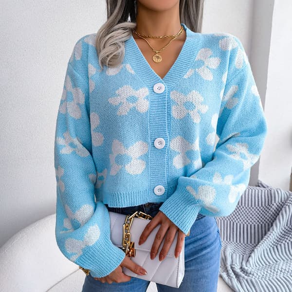 Dame V-hals cardigans genser damp-ermet strikkegensere Blue L