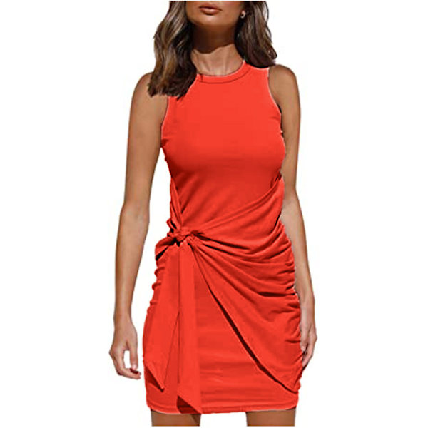 2023 Dame sommer Casual Ermeløs Strandtankkjole Bodycon Rynket Minikjoler Watermelon Red M