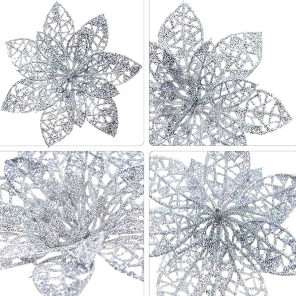 24 st Christmas Sparkle Julstjärna Blommor Konstgjorda Silber