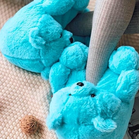Faux Pels Hjemmesko med Teddybjørn - Blå til Kvinder og Piger