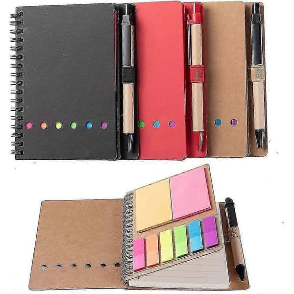 3 pakker spiralnotesblokke, steno-blokke med linjeret notesblok med pen i holder, sticky notes, sidemarkørfarve