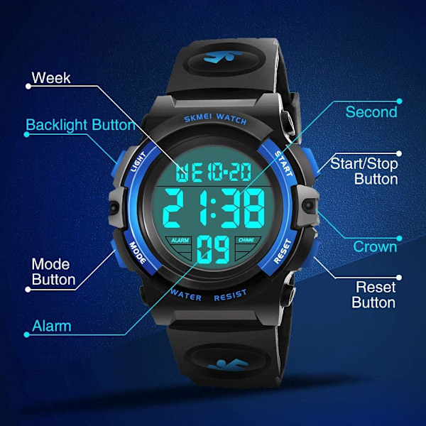 LED vattentät digital watch för barn - presenter och leksaker (svart）