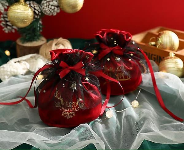 4st julklappsväska i sammet Bärbar presentficka med dragsko 2green 2red