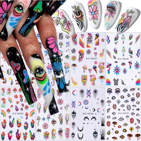 8 ark Mushroom Nail Art Stickers Färgglada Sun Flower Rainbow Nail