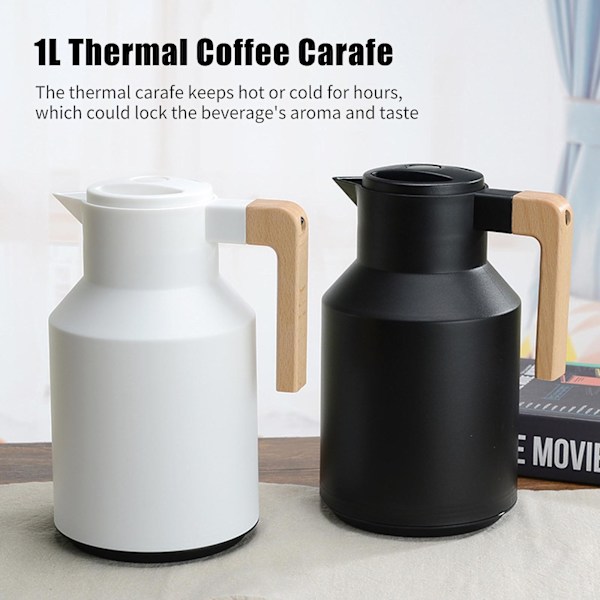 1l thermal dubbelväggig thermal termoskruka med trähandtag Vattenkokare Isolerad kolv tekaraff Håller varm kall White