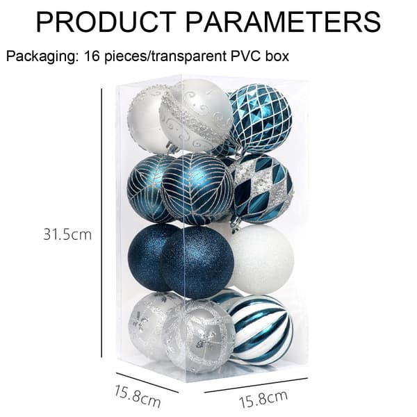 8 cm julekuler pynt, 16 stk knusesikre fargerike Blue White
