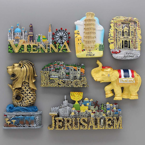 Jerusalem matkamuistoja Lissabon Portugali kodin sisustus jääkaappimagneetit Wien Pisa Italia Thaimaa elefantti Singapore Merlion Jordania Lisbon Portugal