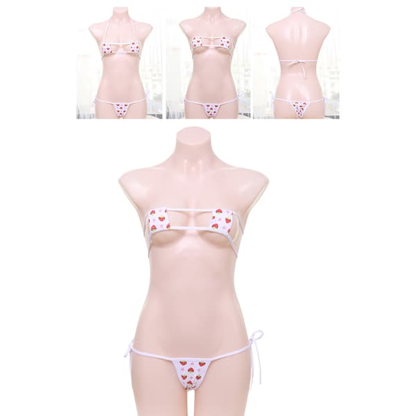 Damer Strawberry Print Underkläder Erotisk Square Cup Micro BH Thong Cosplay Bikini